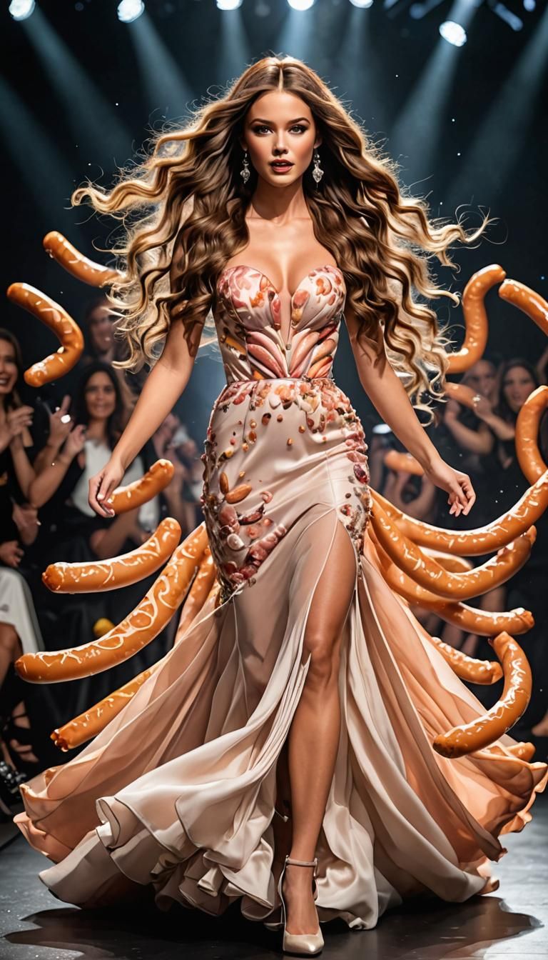 Model on Catwalk in Sausage Dress, Hyperrealistic