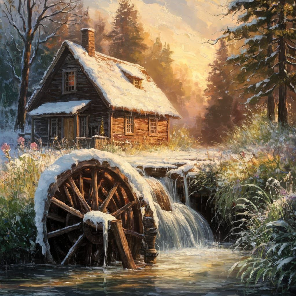 Surreal Winter Scene with Waterwheel and Cabin Amidst Toweri...