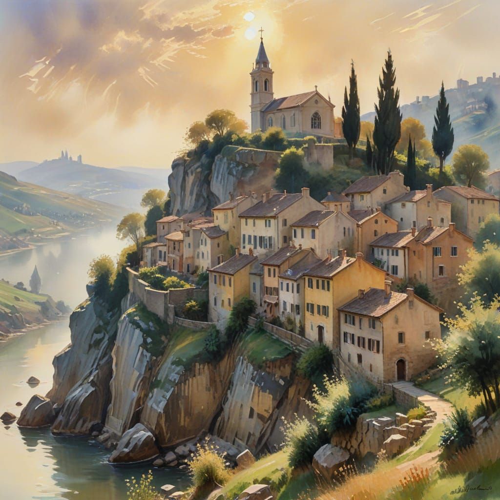 Italian Hilltop Village in Soft Watercolour Light