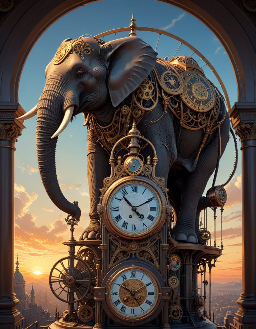 Steampunk Elephant on Clock Tower at Golden Hour