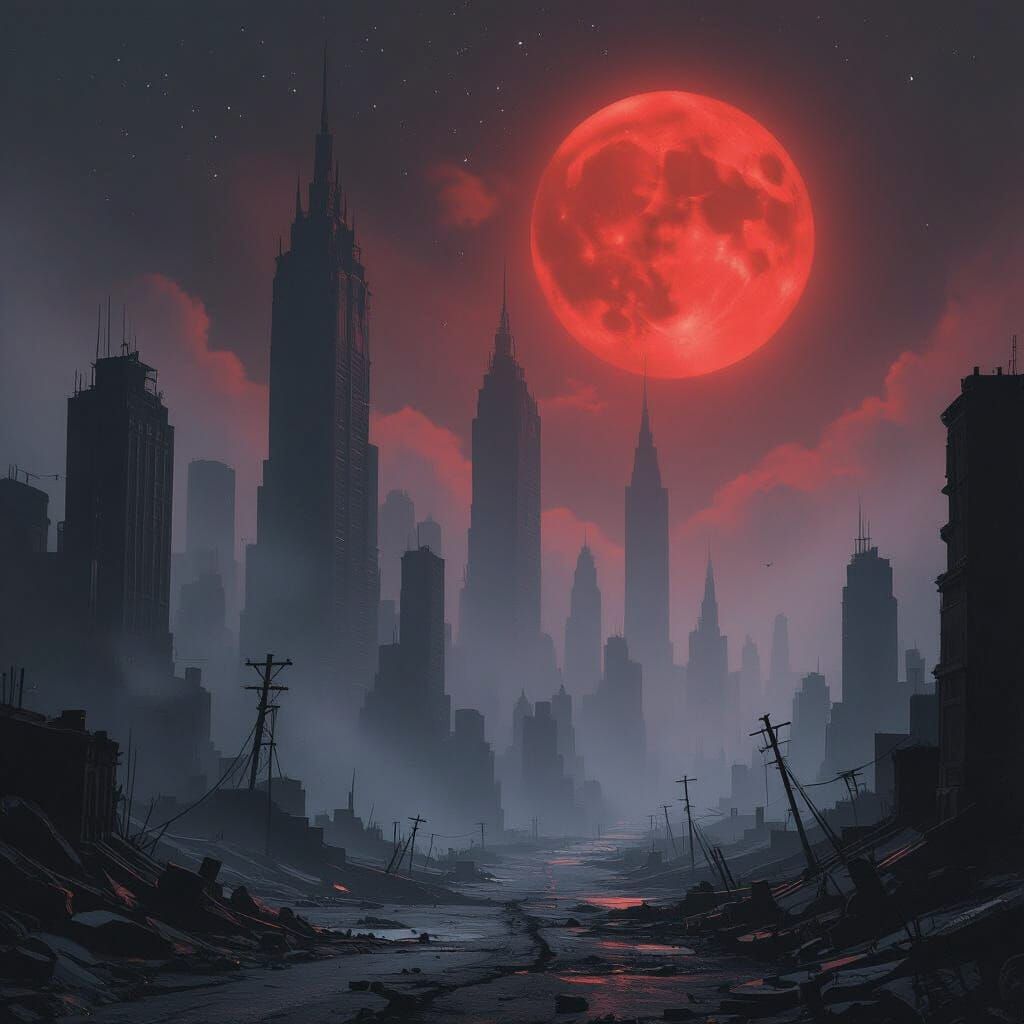 Fog-Shrouded Abandoned City Under Blood-Red Night Sky