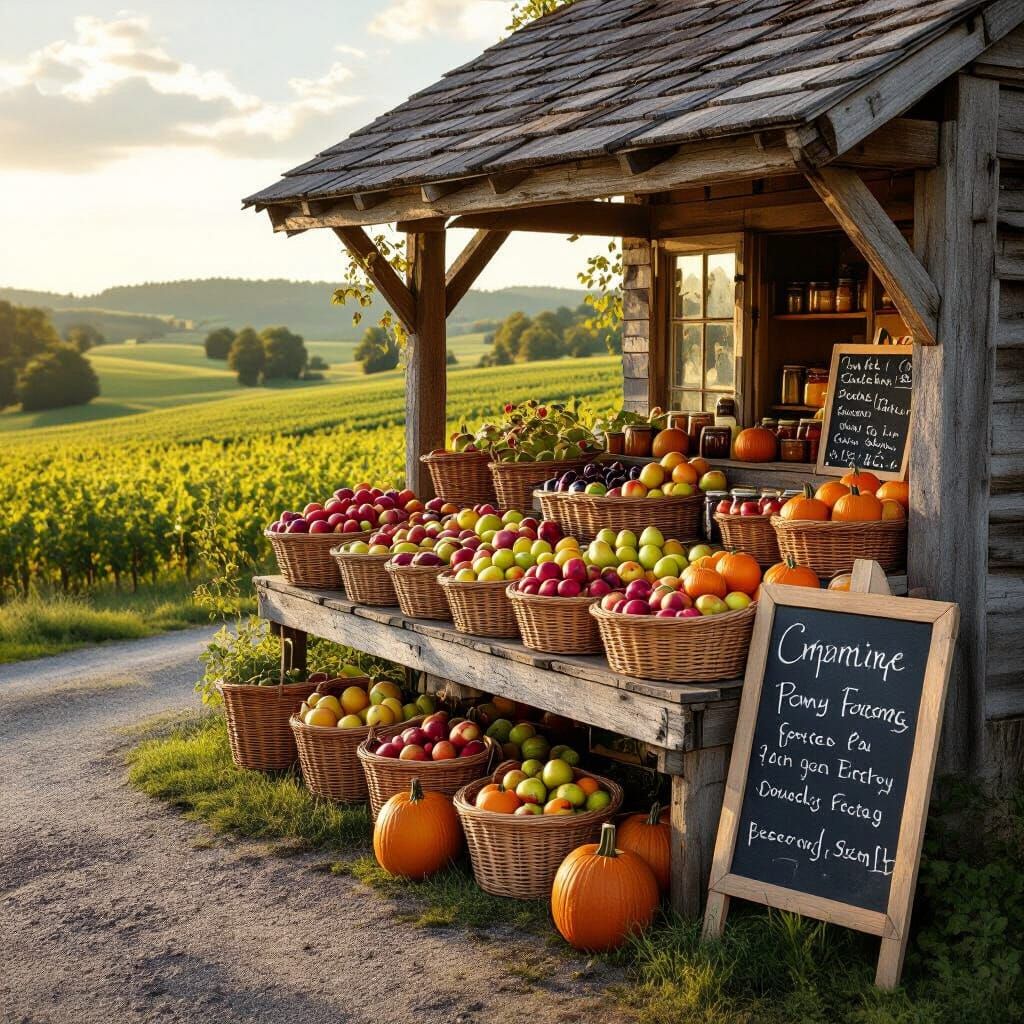 Rustic Fruit Stand at Golden Hour: 8K Realism