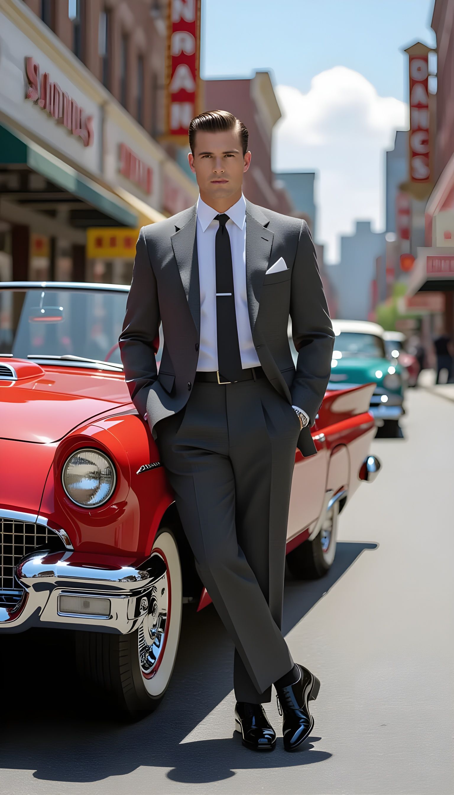 1950s Gentleman in Gray Suit Leaning on Convertible