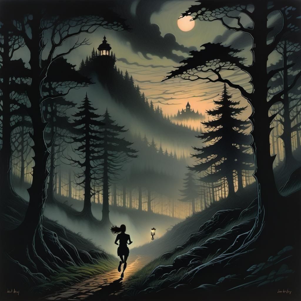 Woman Runs to Lantern in Dark Forest