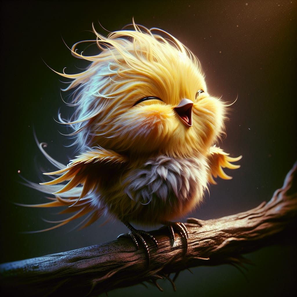 Overjoyed Yellow Bird on Branch in Fantasy Art