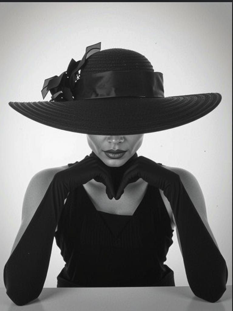 Elegant African American Woman in Black Opera Gloves and Wid...