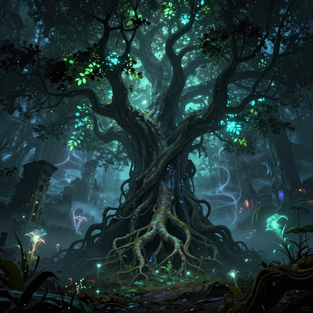 Ancient Bioluminescent Tree Amidst Ruined Forest