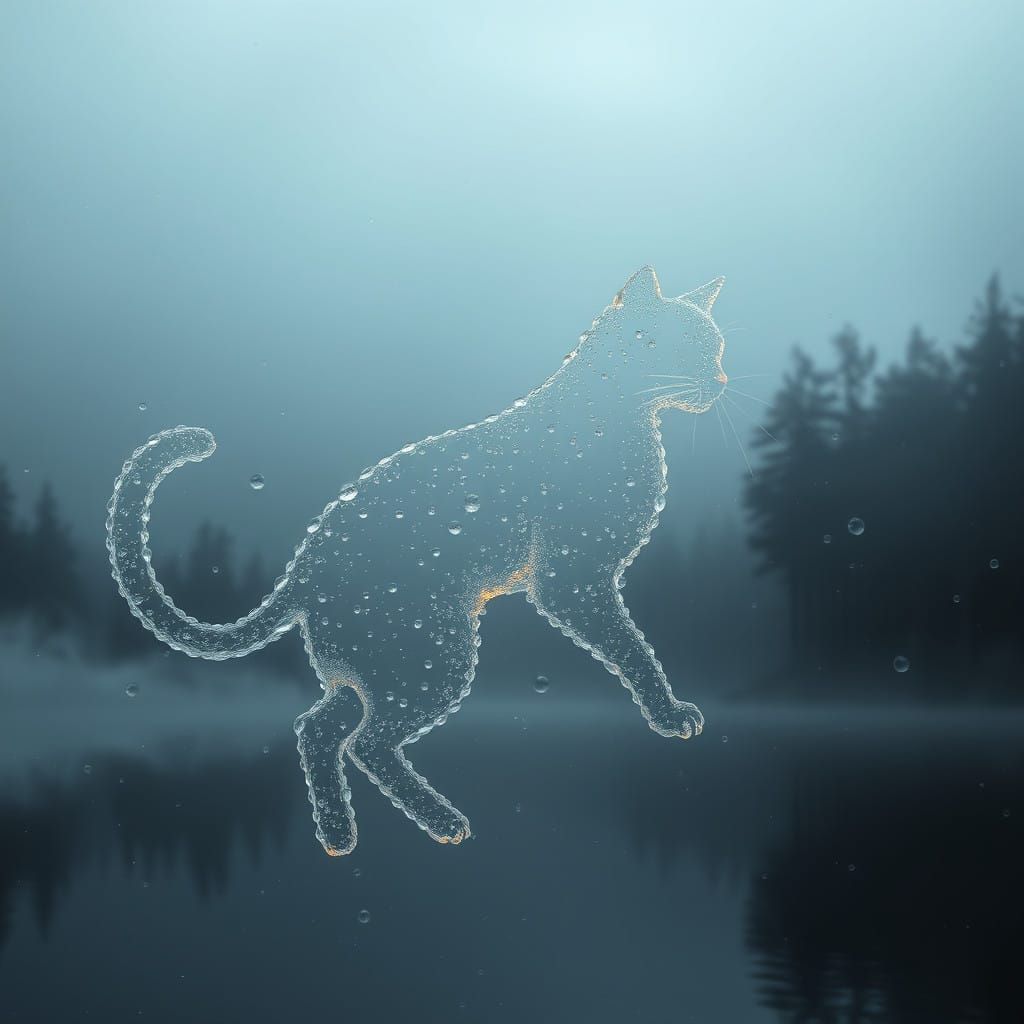 Ethereal Water Droplet Cat in Mystical Lake Landscape