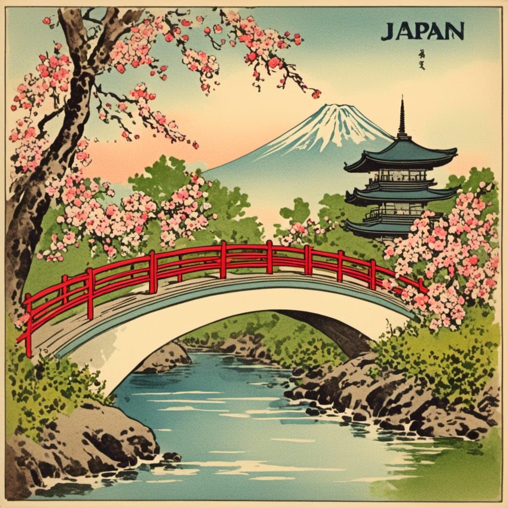 Vintage Postcard of Japanese Garden in Watercolor