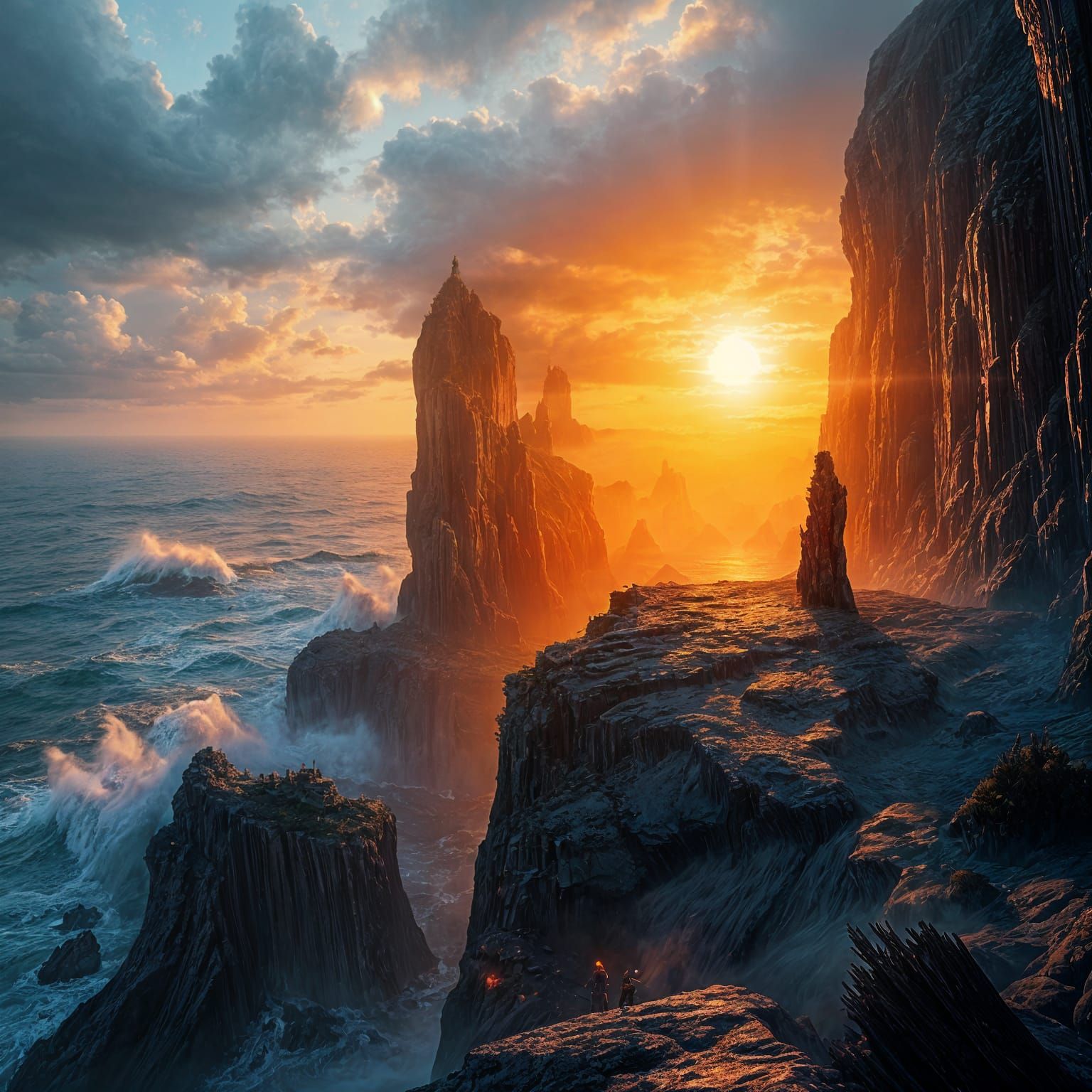 Surreal Figure Stands at Edge of Stormy Cliffside in Sunset ...
