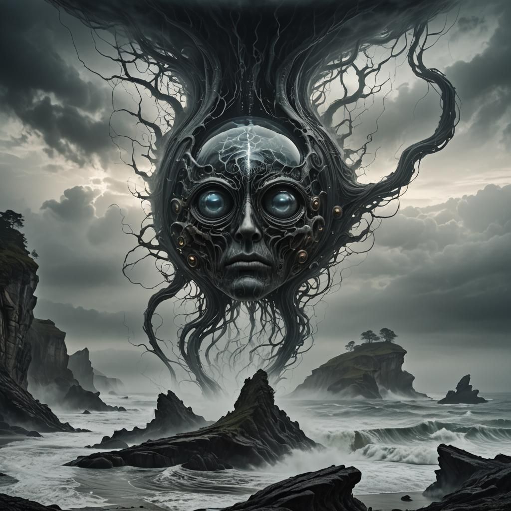 Glass A with Eye and Brain in Dark Fantasy Style