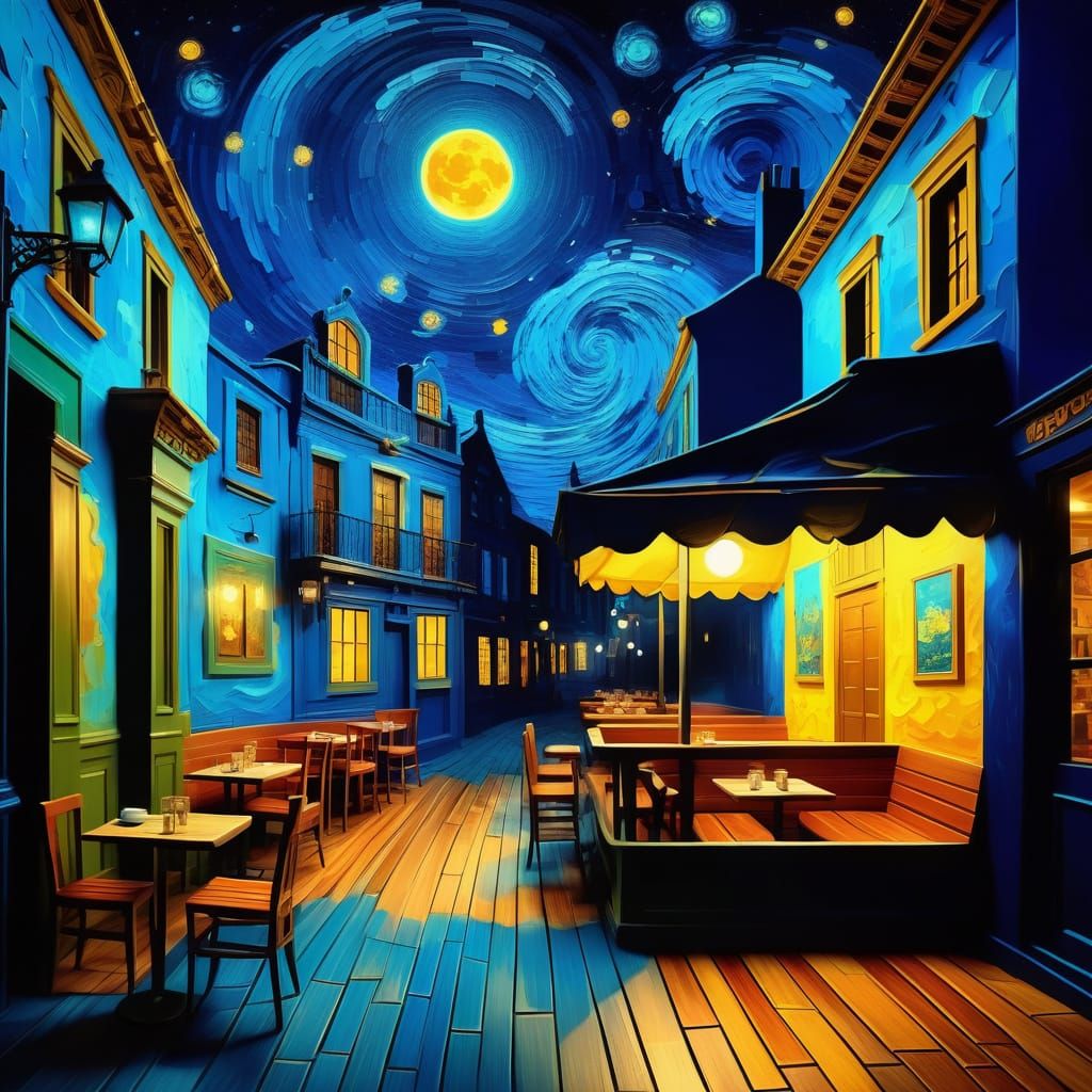 Magical Cafe Interior with Van Gogh Night Sky Ceiling
