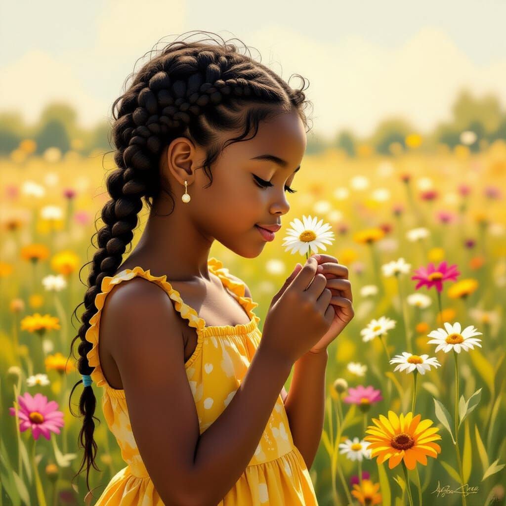 Girl Smelling Daisy in Floral Field: Impressionism