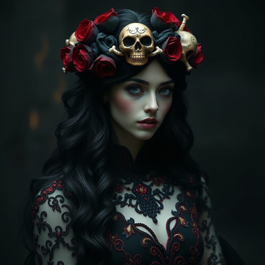 Ethereal Blood Goddess in Black and Red Embroidered Regalia