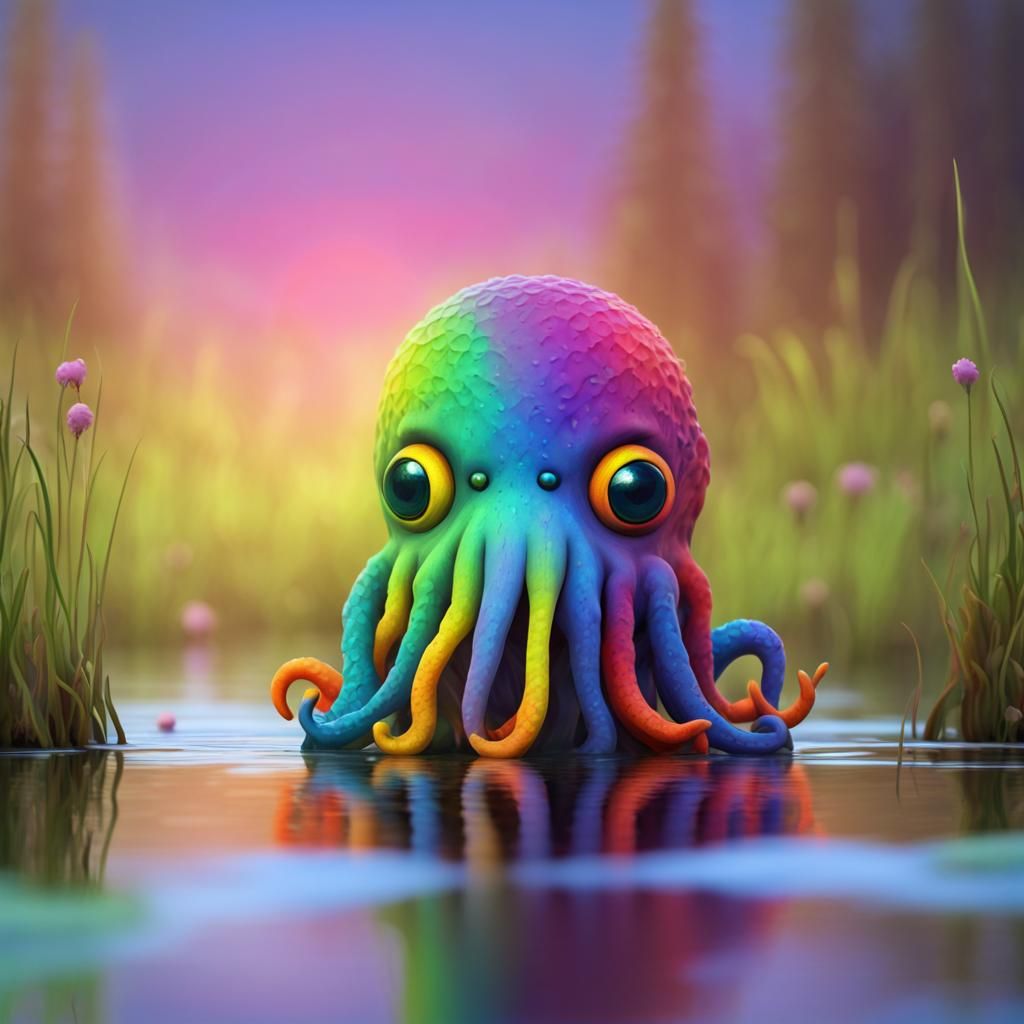 Cute Colorful Rainbow Cthulhu in Wildlife Photography Style