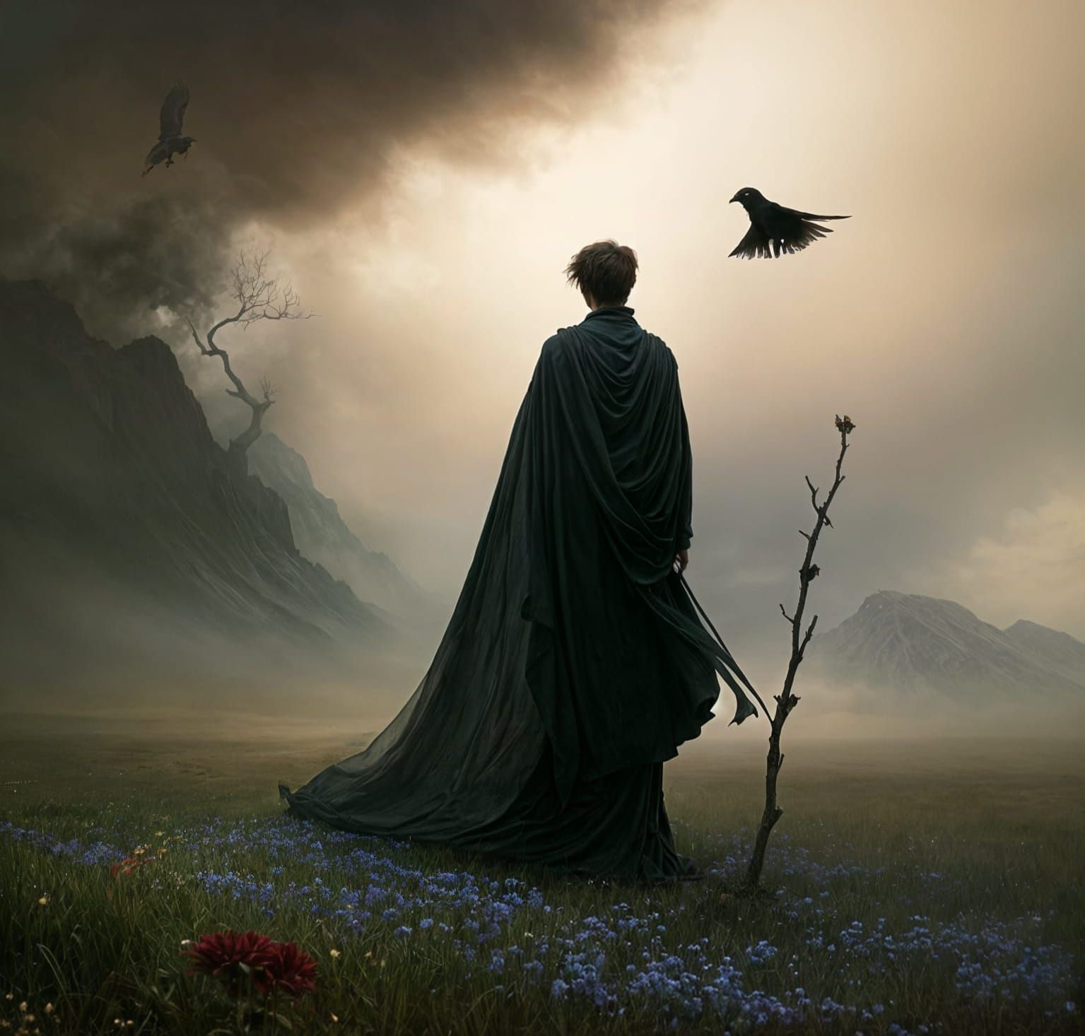 Wandering Phantom on Flowers in Dark Fantasy Style
