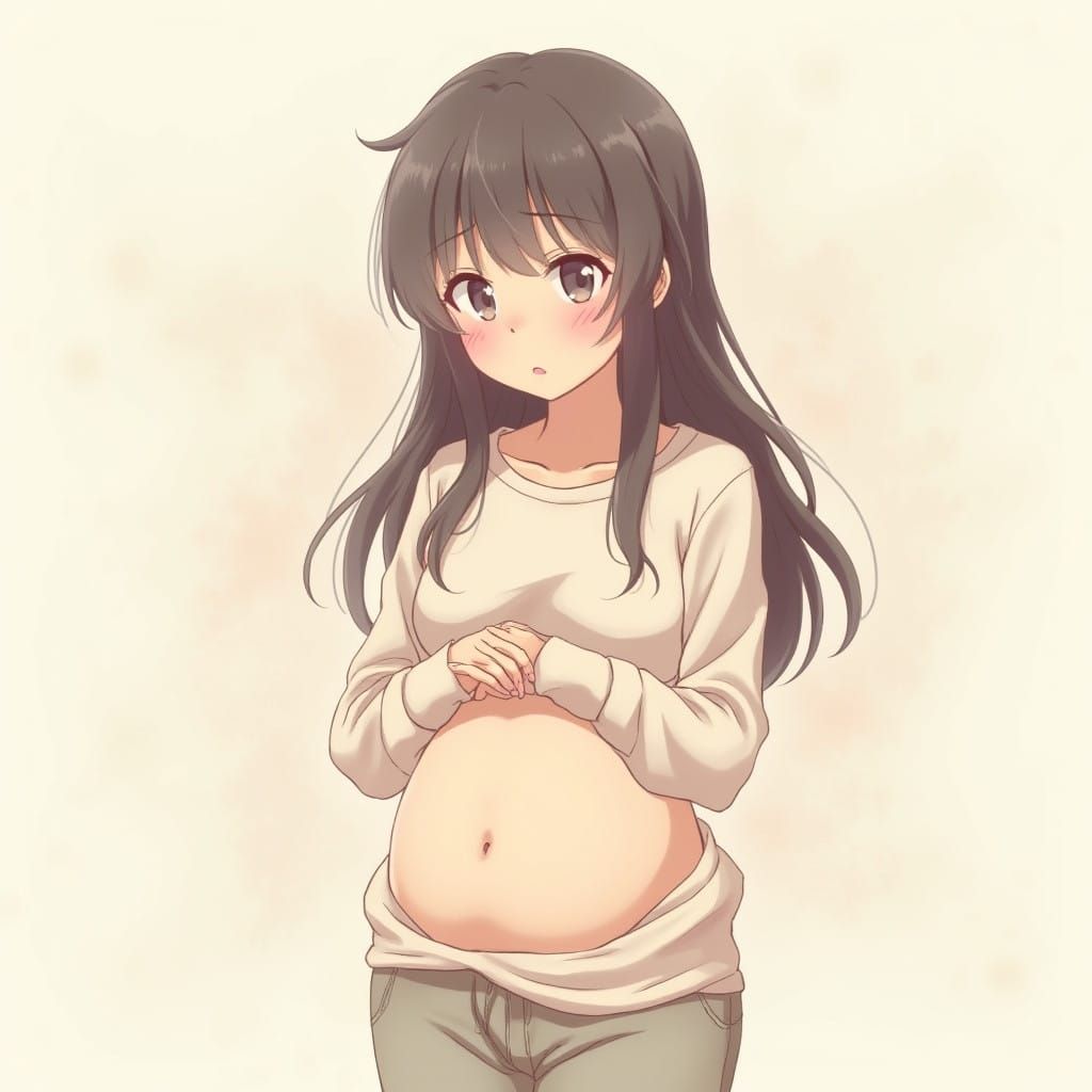 Surreal Anime Girl with Flushed Face and Soft Belly