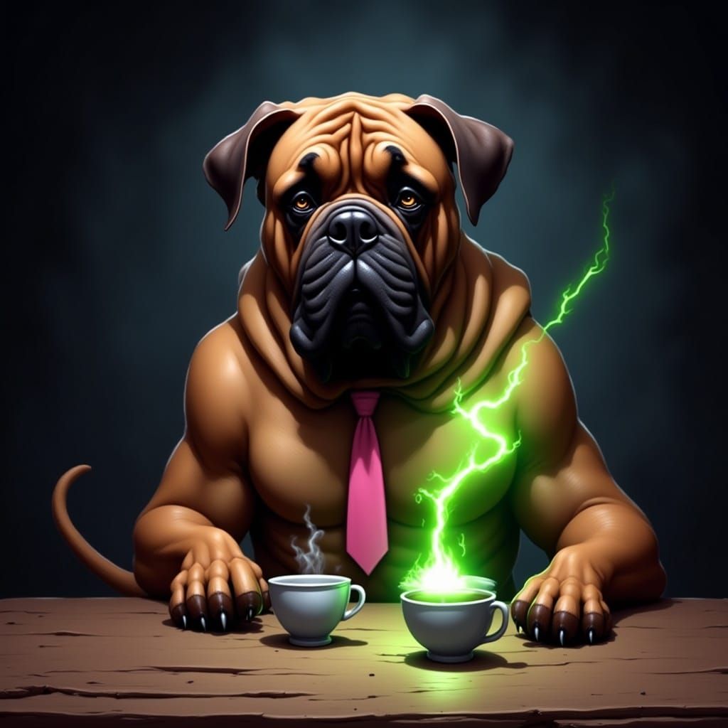 Melancholic Mastiff at Coffee Table, Digital Art