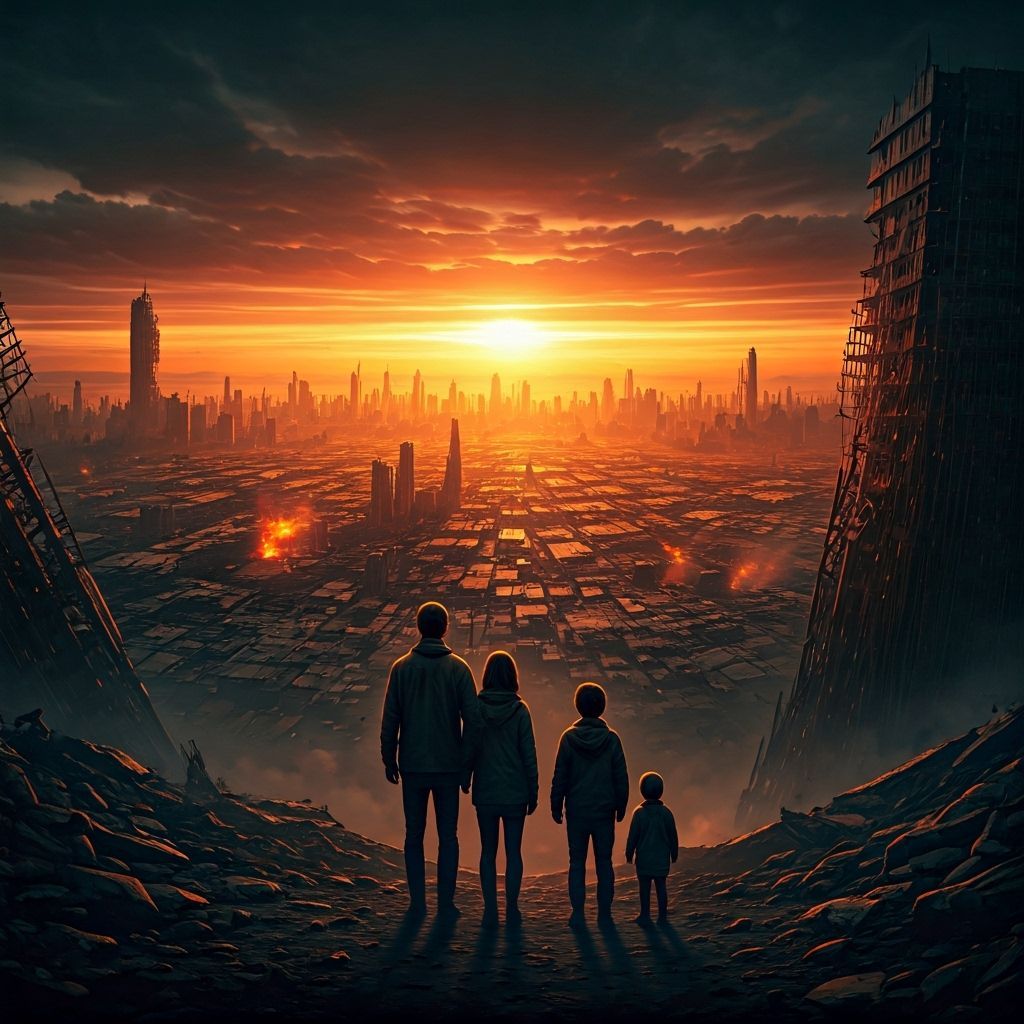 Family Silhouetted Against Ruined Dystopian Cityscape