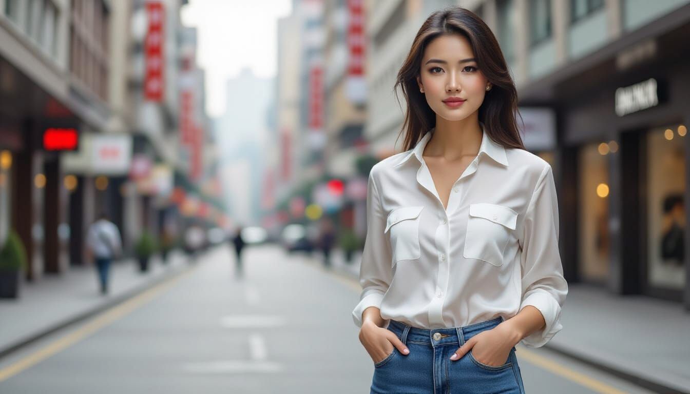 Elegant Chinese Woman in City Street, Photorealistic Style