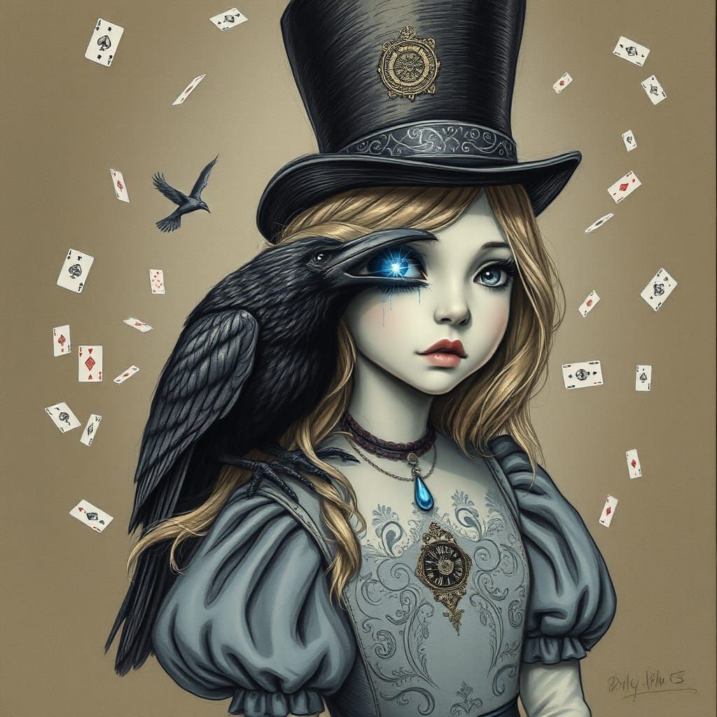 Ethereal Alice in a Haunting Charcoal Sketch