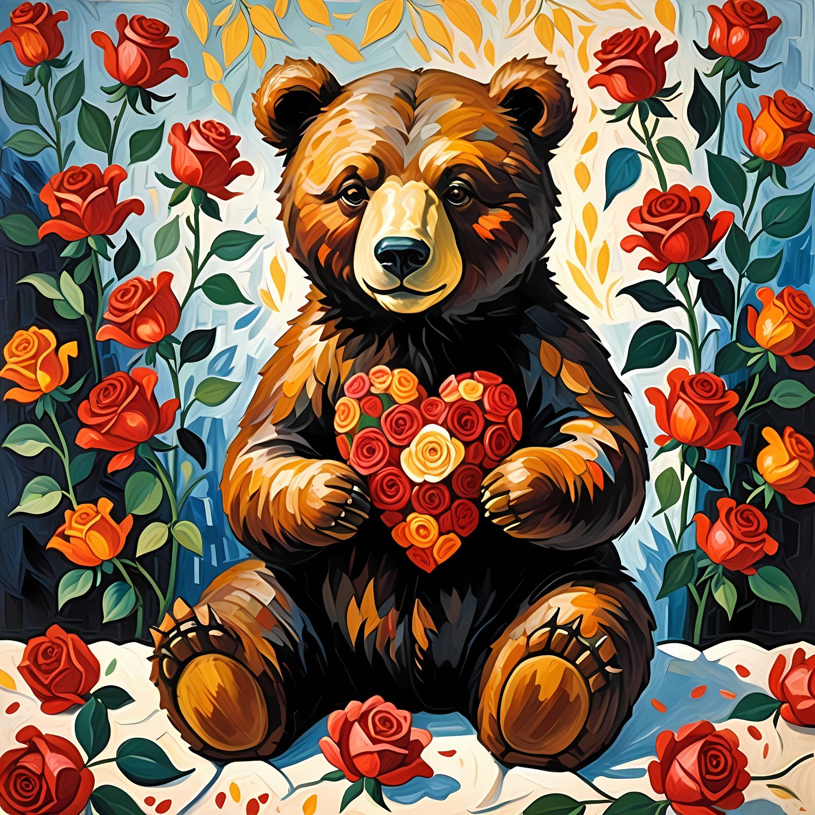 Whimsical Valentine's Day Bear in Red Roses