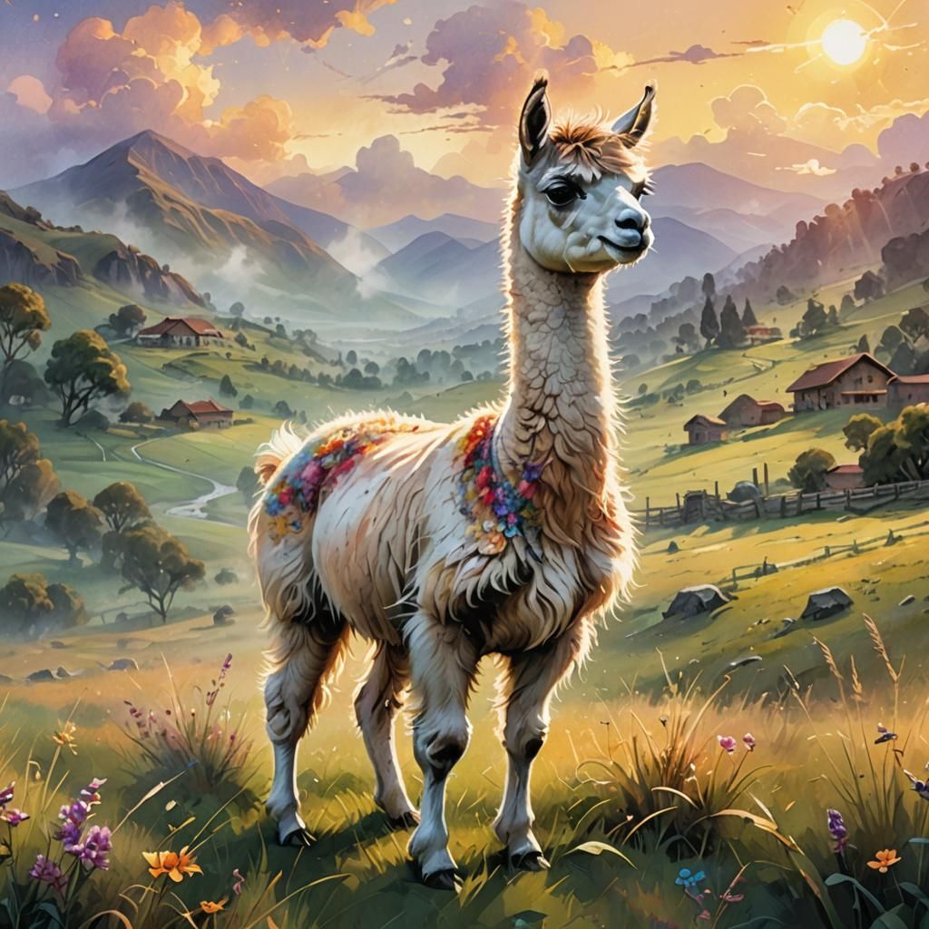 Chibi Llama in Ethereal Pastel Landscape