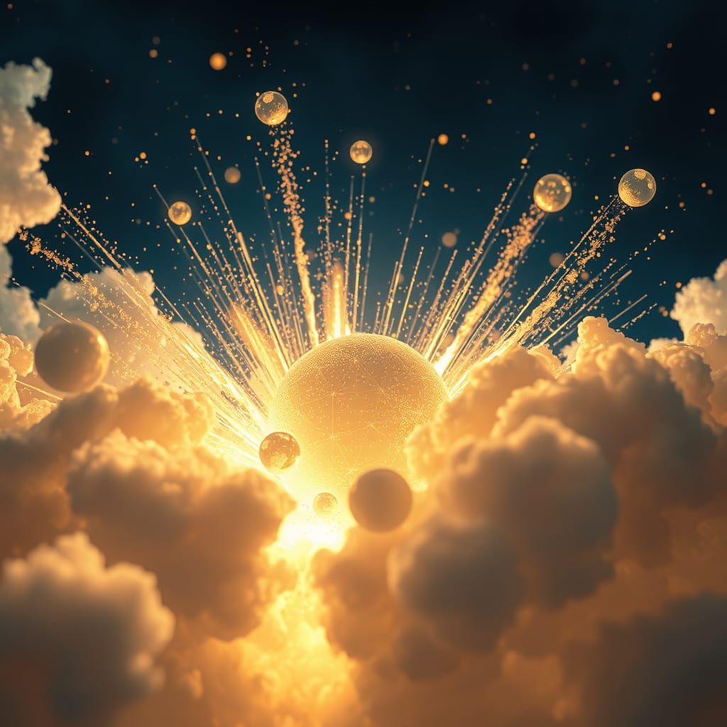 Golden Cosmic Alchemy: Iridescent Spheres Erupt from Radiant...