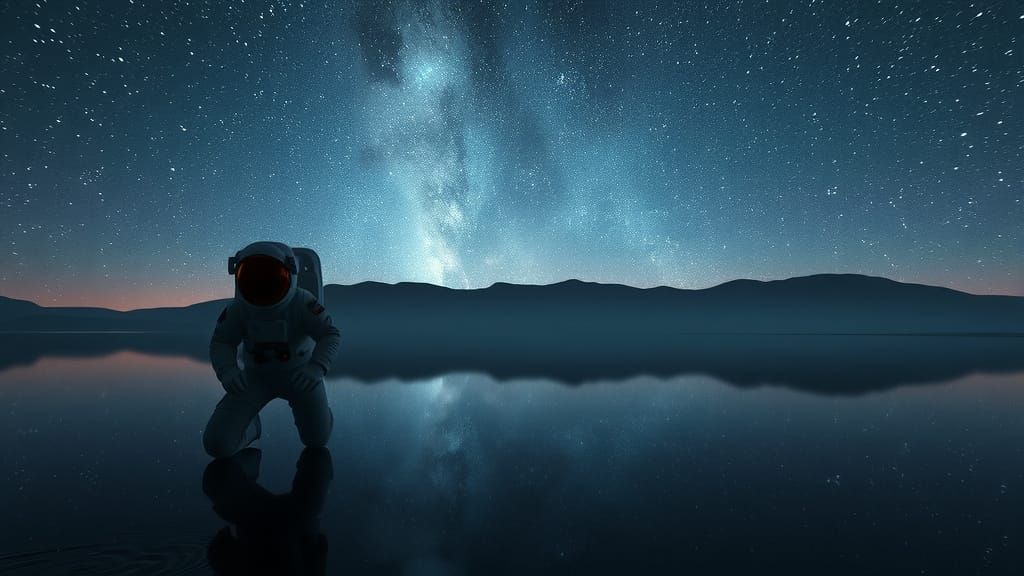 Astronaut Contemplates Starry Reflection in Serene Lake