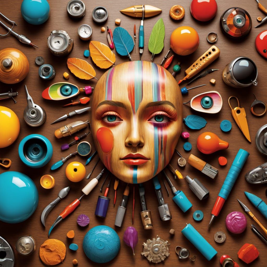 Surrealist Office Supply Portrait on Polished Oak