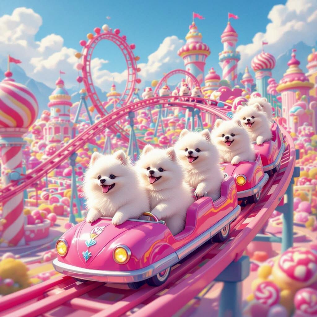 Pomeranians Ride Pink Roller Coasters in Candy Land Park