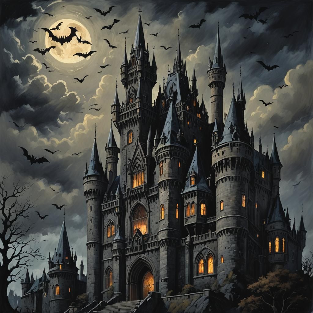 Gothic American Castle with Bats in Dark Fantasy Style