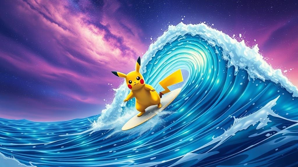 Pikachu Surfs Cosmic Wave in Vibrant, Dreamlike Landscape