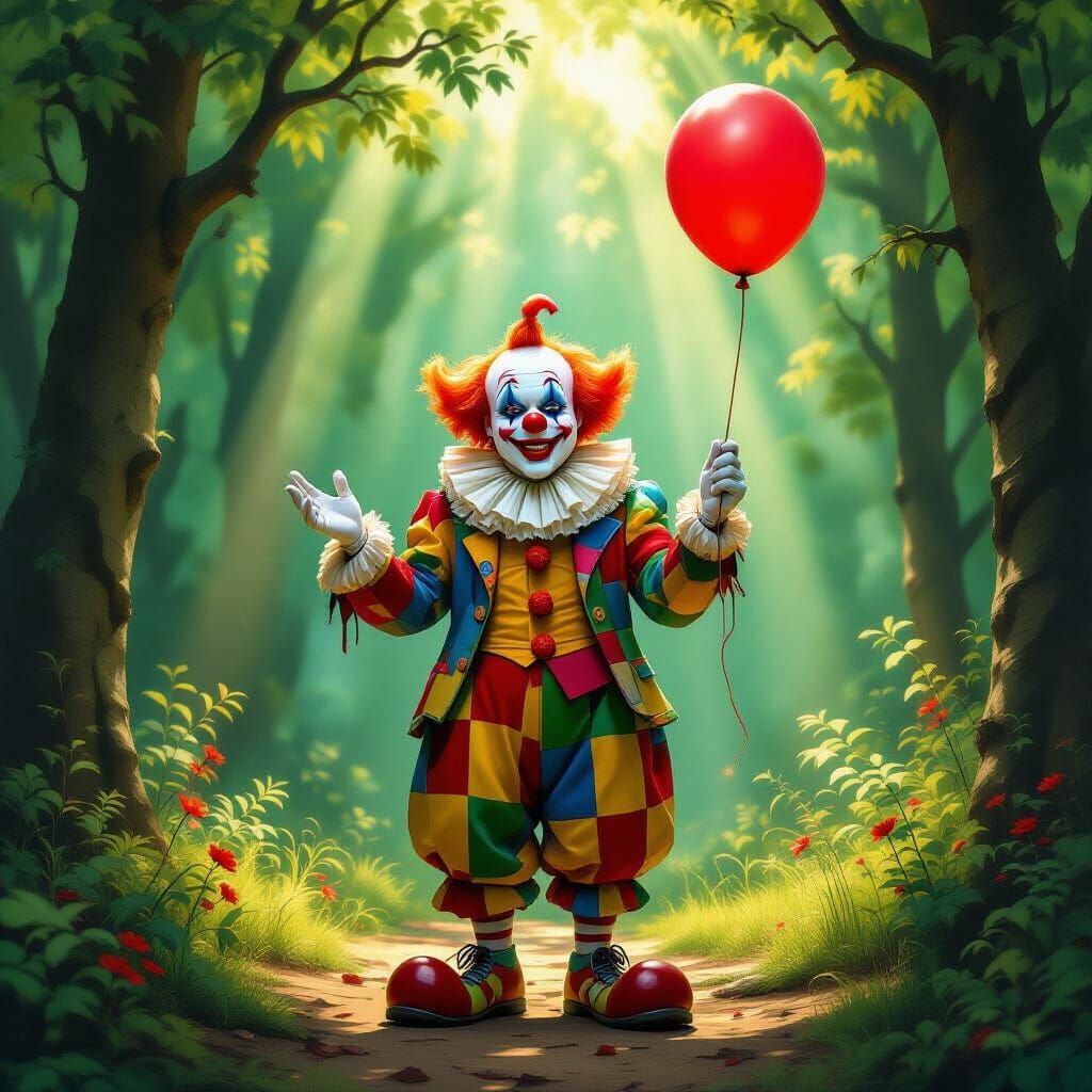 Whimsical Clown with Red Balloon in Enchanted Forest