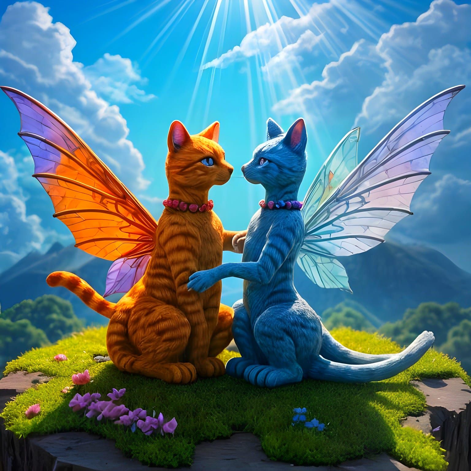 Whimsical Claymation World with Winged Cat and Dragon