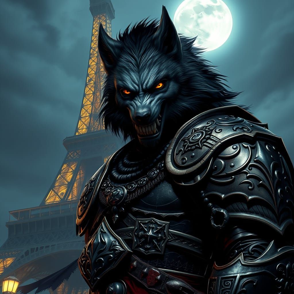 Werewolf in Gothic Armor, Eiffel Tower, Full Moon, in Lineag...