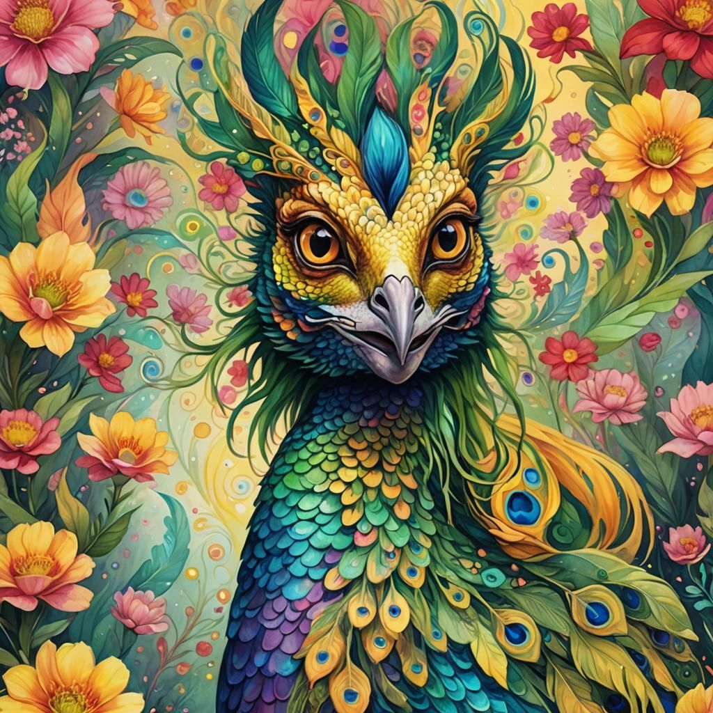 Psychedelic Dragon-Peacock Woman in Astral Art Style