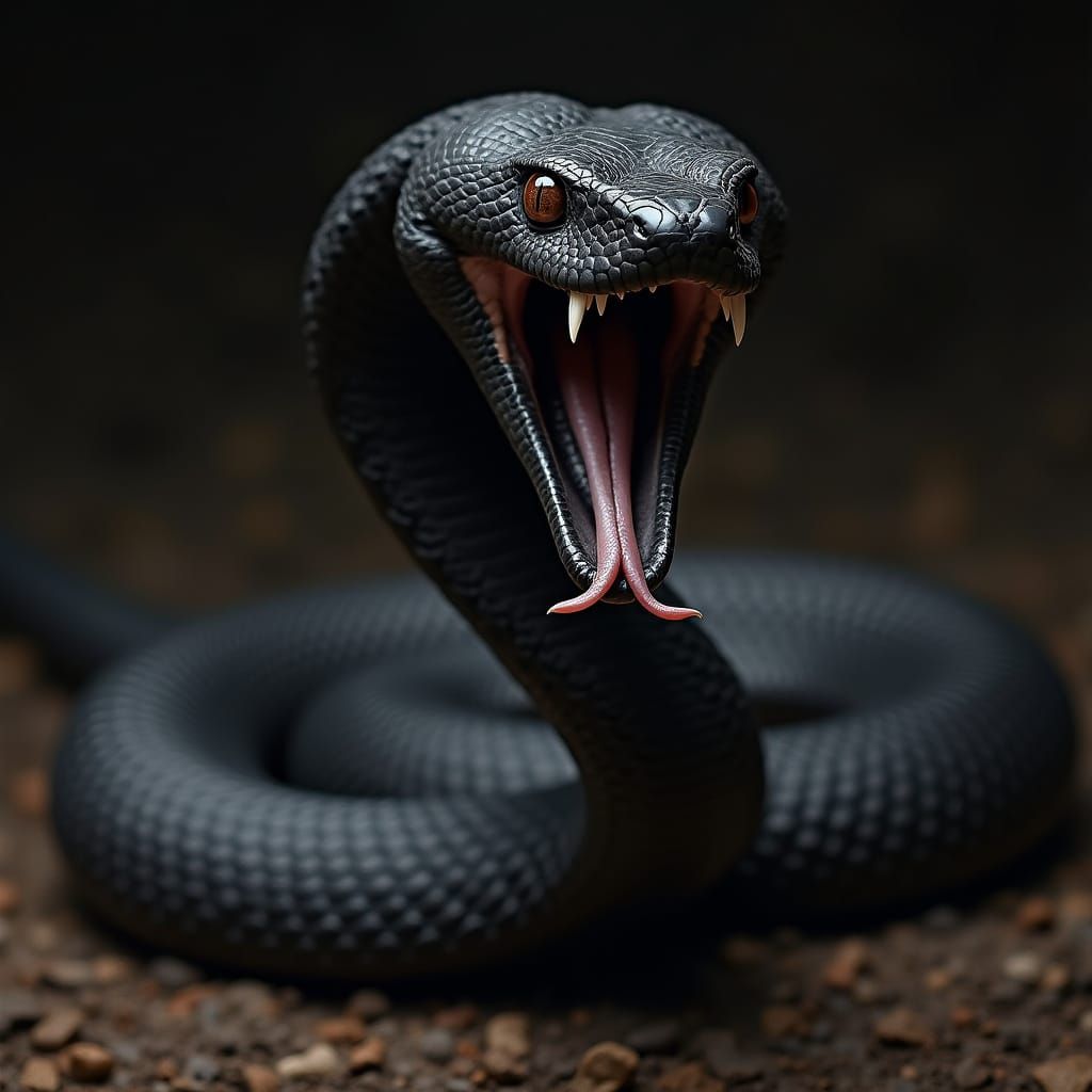 Sleek Black Egyptian Cobra with Raised Hood and Piercing Eye...