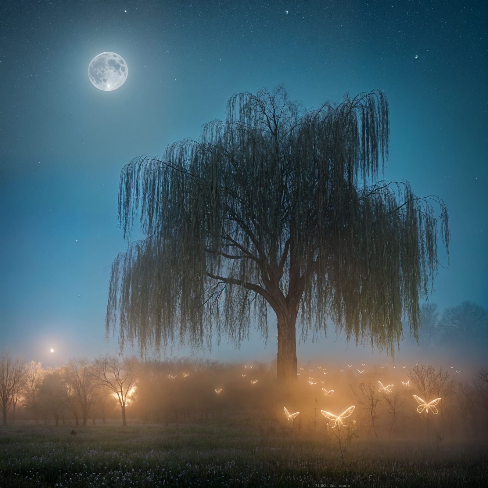 Enchanted Weeping Willow Under Half Moonlight