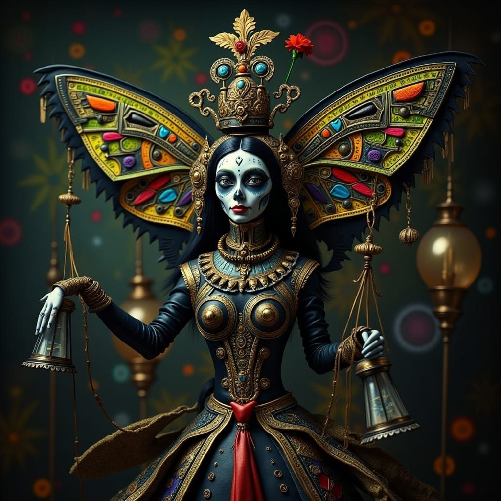 Dark Harlequin Marionette in Ornate, Muted Colors