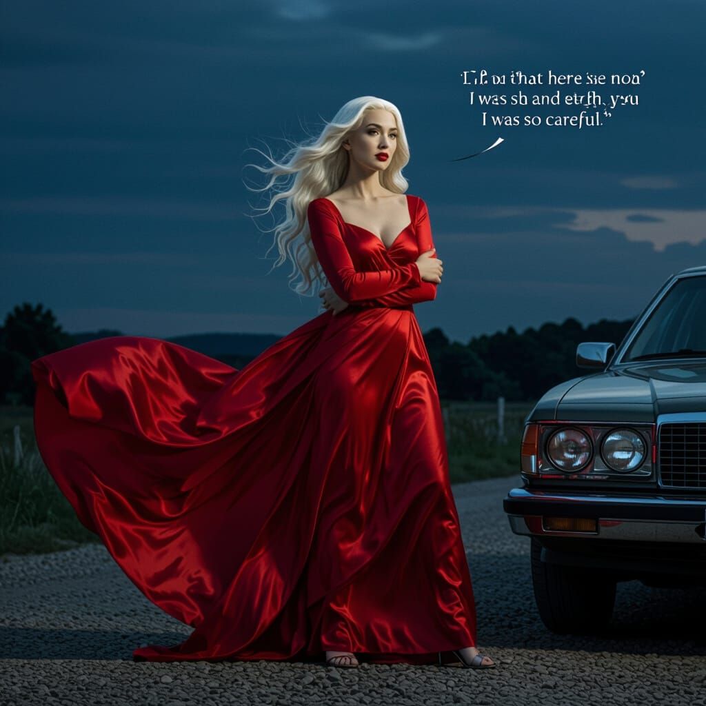 Mysterious Woman in Red Dress on Dark August Night