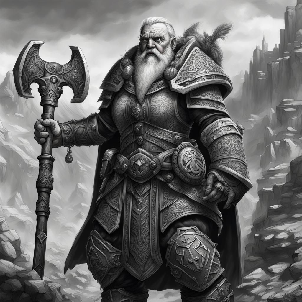 Dwarf Cleric: Hyperrealistic Black and White Ink Drawing