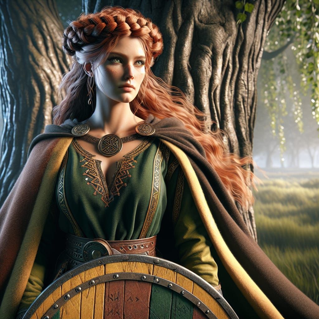 Viking Goddess Ilmr Beneath Elm Tree: Digital Matte Painting