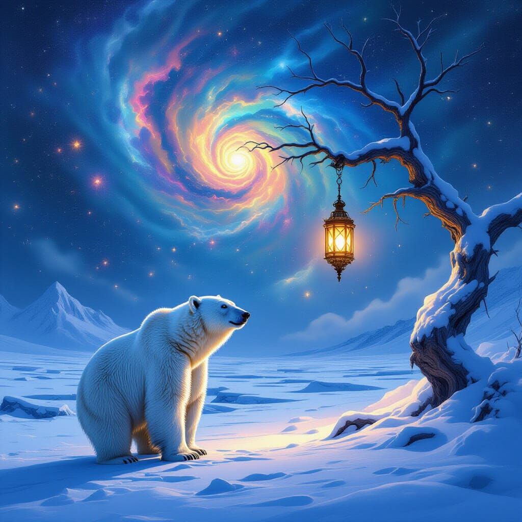Steampunk Polar Bear Under Nebula Sky