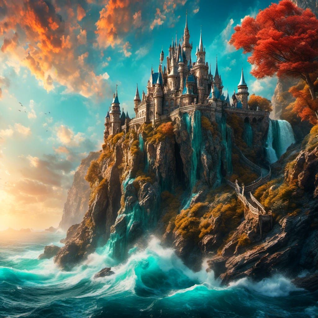 <lora:castle:1.0> large midevil castle on ocean cliff, <lora...