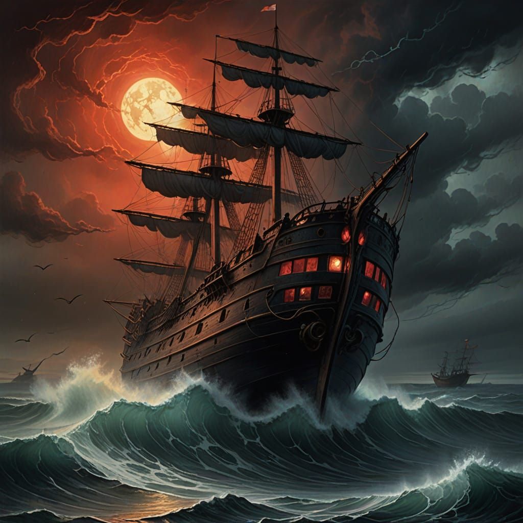 Gothic Ghost Ship in Turbulent Stormy Sea
