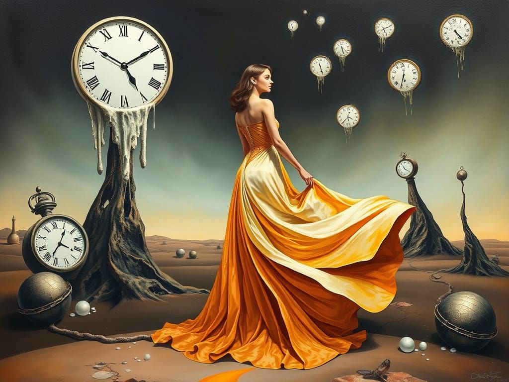 Surrealist Dreamscape with Melting Clocks and Elegant Figure