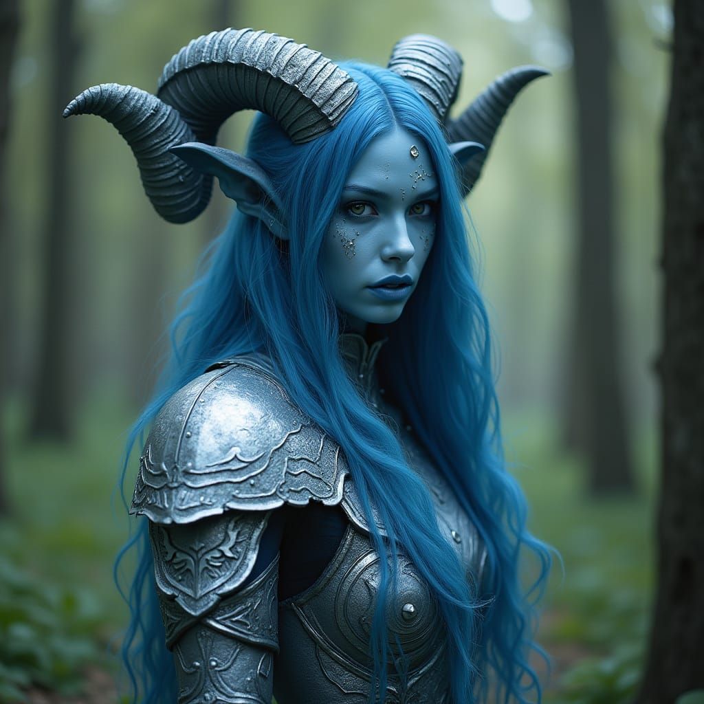 Blue Elf with Ram Horns in Mystical Forest