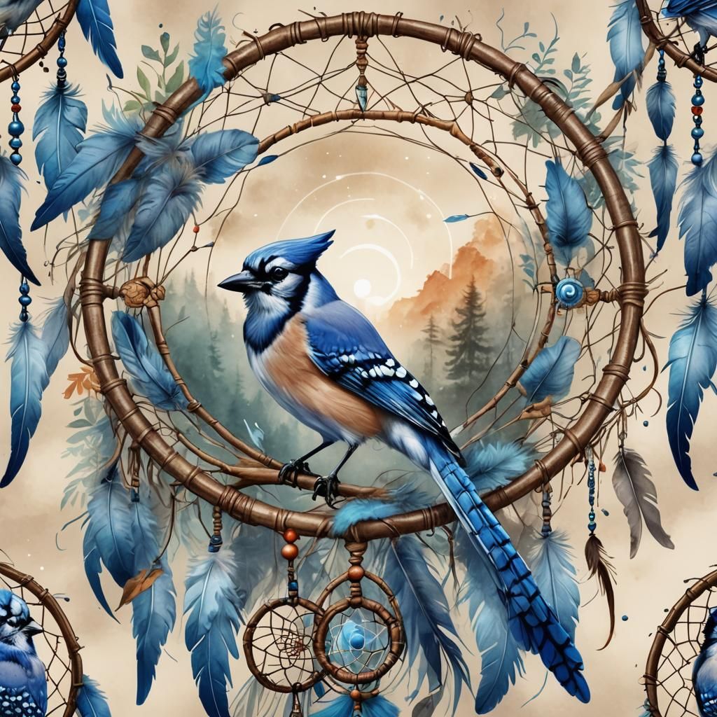Blue Jay on Dreamcatcher Watercolor Art