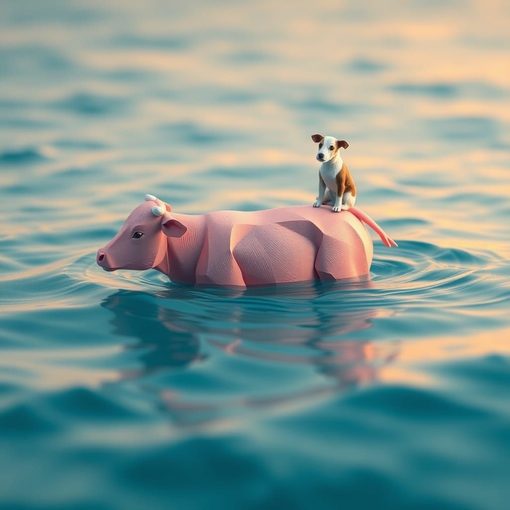 Pink Cow Swimming: A Papercraft Ocean Scene